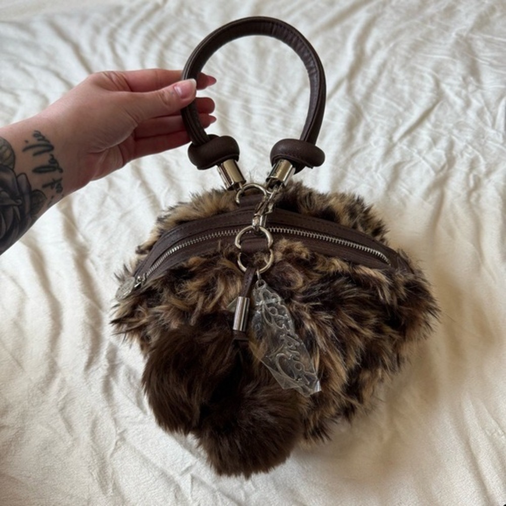 Faux Fur Brown Handheld Women's Bag with Pom Pom Charm